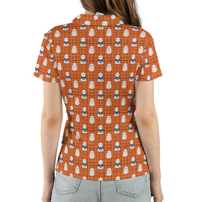 Cute Ghost Halloween Polo Shirt for Women Orange Plaid Moisture Wicking Short Sleeve Golf Top