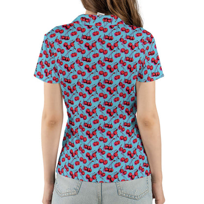 Cherry Print Polo Shirt for Women Blue Retro Y2K Summer Moisture Wicking Short Sleeve Golf Top