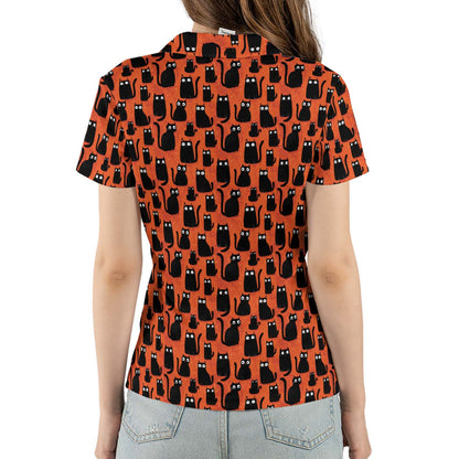 Black Cat Halloween Polo Shirt for Women Orange Spooky Cute Costume Moisture Wicking Short Sleeve Golf Top
