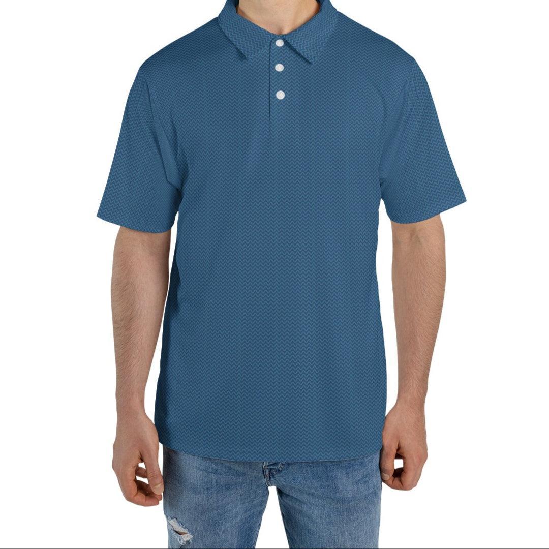 Man wearing a blue polo shirt on a white background