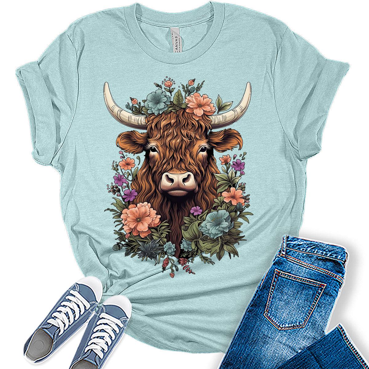 Womens Highland Cow Shirt Cute Cowgirl Tshirt Cattle Bella Graphic Tees Casual Short Sleeve Summer Tops