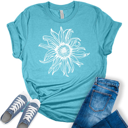 Womens Sunflower Shirts Cute Short Sleeve Graphic Tees Casual Spring Tshirts Plus Size Summer Tops