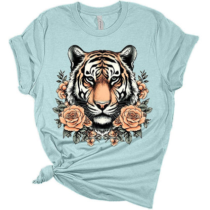 Womens Retro Tiger Shirts Cute Bella Graphic Tees Short Sleeve Floral Summer Tops Casual Crewneck Tshirts