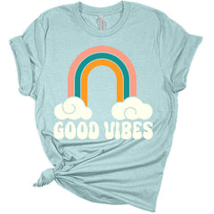 Womens Good Vibes Shirt Casual Ladies Cute Rainbow Graphic Tees Spring Short Sleeve Tops For Women