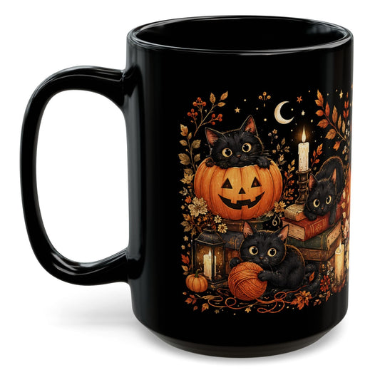 Black Cat Pumpkin Halloween Mug 15oz - Cute Witchy Fall Coffee Cup Gift