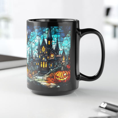 Stained Glass Halloween Pumpkin Scene Black Mug 15oz