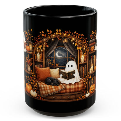 Ghost Reading Books Halloween Mug 15oz - Cozy Bookshelf Black Coffee Cup