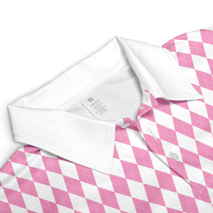 Bavarian Diamond Polo Shirt for Men Pink White Checkered Moisture Wicking Short Sleeve Golf Top