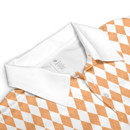 Bavarian Diamond Polo Shirt for Men Orange White Checkered Moisture Wicking Short Sleeve Golf Top