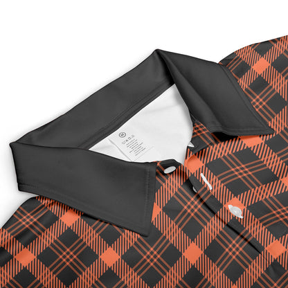 Black and Orange Buffalo Plaid Polo Shirt for Men Halloween Fall Checkered Pattern Moisture Wicking Short Sleeve Golf Top