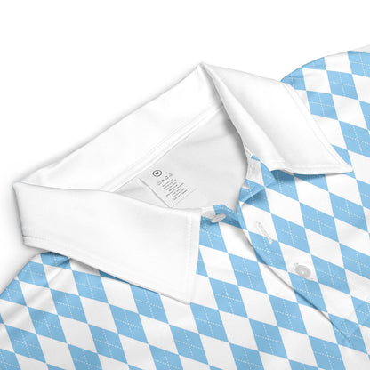 Bavarian Diamond Polo Shirt for Men Blue White Checkered Moisture Wicking Short Sleeve Golf Top