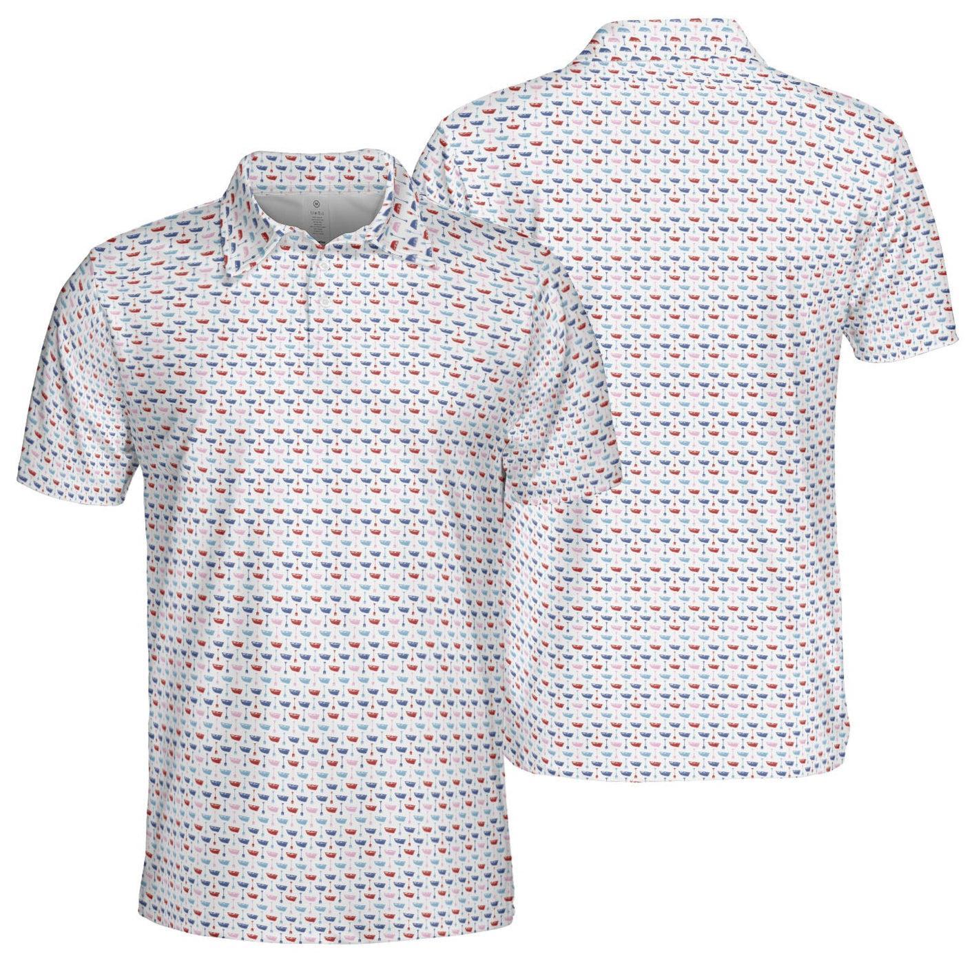 White polo shirt with small pattern on a white background