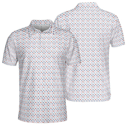 White polo shirt with small pattern on a white background