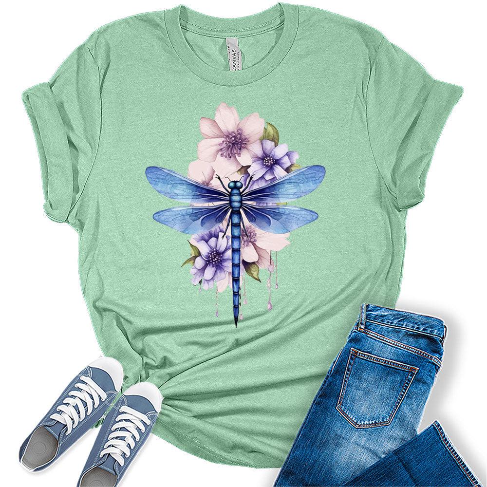 Women's Graphic Tees Casual Summer Dragonfly Shirt Watercolor Printed Short Sleeve Cute Casual Tops