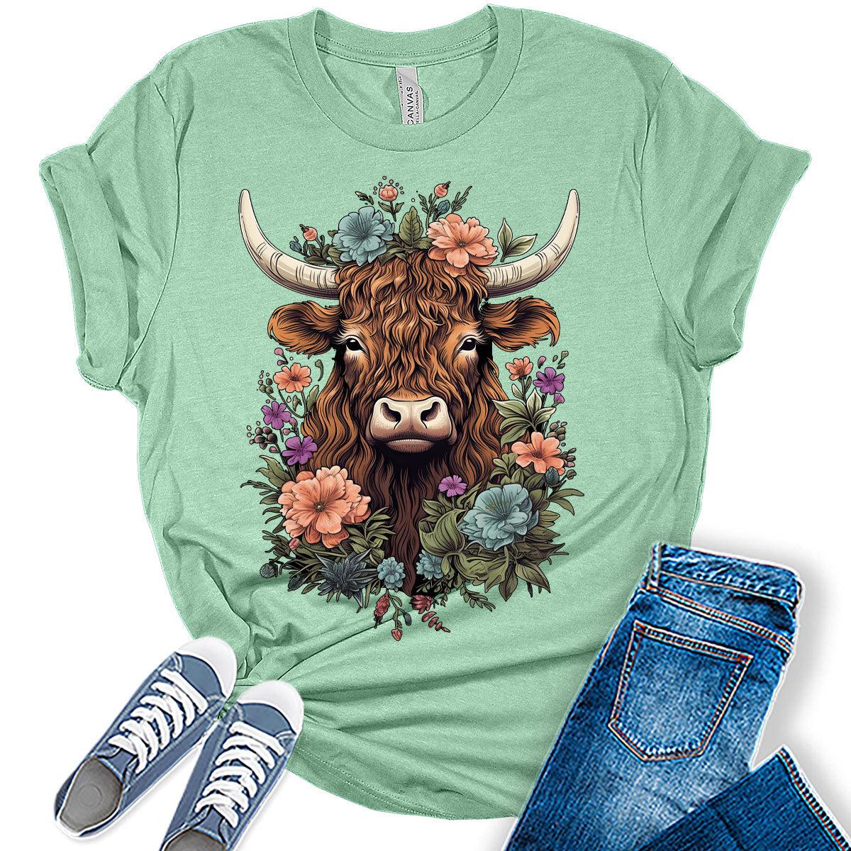 Womens Highland Cow Shirt Cute Cowgirl Tshirt Cattle Bella Graphic Tees Casual Short Sleeve Summer Tops