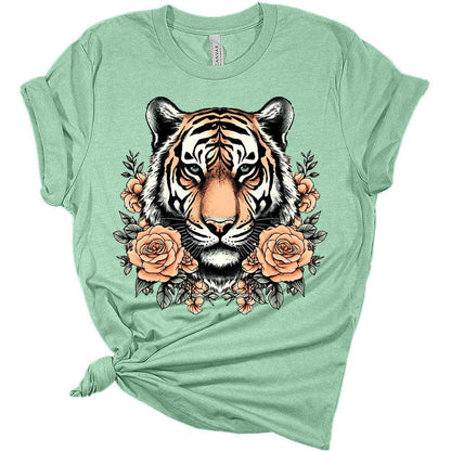 Womens Retro Tiger Shirts Cute Bella Graphic Tees Short Sleeve Floral Summer Tops Casual Crewneck Tshirts