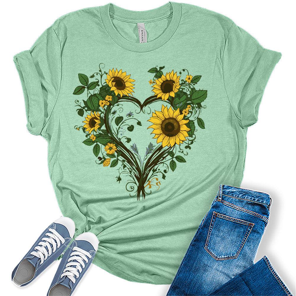 Women's Graphic Sunflower Vine Heart T Shirt Summer Bella Top Casual Plus Size Tee