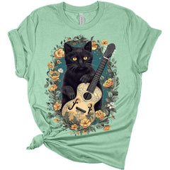 Cat Playing Guitar Shirt Womens Cottagecore Aesthetic Floral T-Shirt
