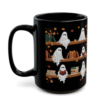 Cute Ghost Read Book Mug - Black Coffee Cup Ceramic Mug 15 Oz - Book Gifts For Women Lover - Inspirational Librarian Teacher Present For Halloween