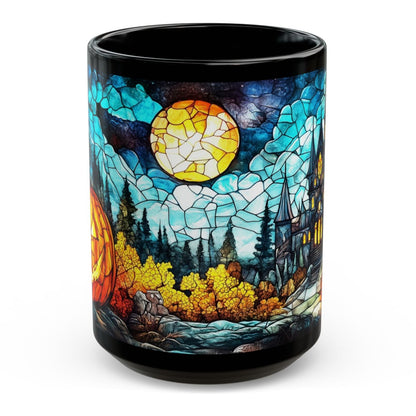 Stained Glass Halloween Pumpkin Scene Black Mug 15oz