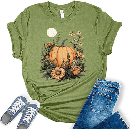 Pumpkin Cottagecore T-Shirt Womens Graphic Tees Vintage Flower Fall Shirts Girls Vintage Halloween Thanksgiving Tops
