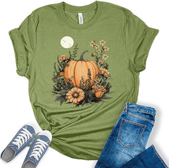 Fall Pumpkin Floral Moonlight Thanksgiving Womens Graphic T-shirt