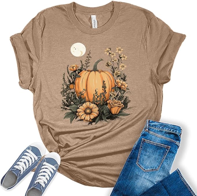 Pumpkin Cottagecore T-Shirt Womens Graphic Tees Vintage Flower Fall Shirts Girls Vintage Halloween Thanksgiving Tops