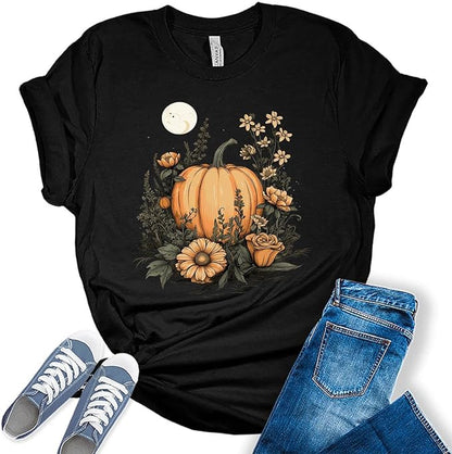 Pumpkin Cottagecore T-Shirt Womens Graphic Tees Vintage Flower Fall Shirts Girls Vintage Halloween Thanksgiving Tops