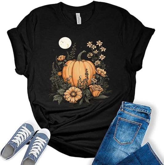 Pumpkin Cottagecore T-Shirt Womens Graphic Tees Vintage Flower Fall Shirts Girls Vintage Halloween Thanksgiving Tops