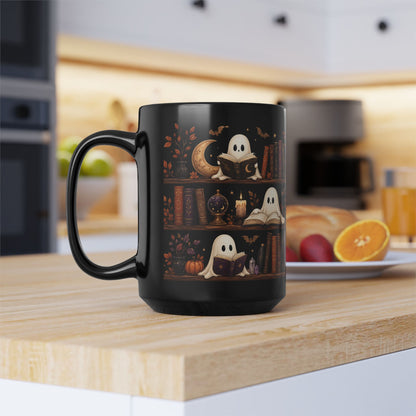 Funny Ghost Reading Books Halloween Mug 15oz - Spooky Bookshelf Coffee Cup