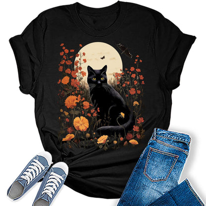 Cottagecore Shirt Vintage Cat Tshirts Floral Moon Fall Graphic Tees for Women