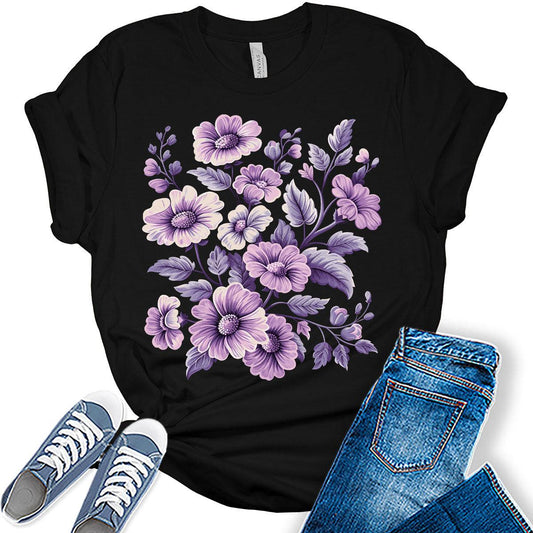 Purple Flower Shirt Boho Vintage Tops Cottagecore Plus Size Graphic Tees for Women