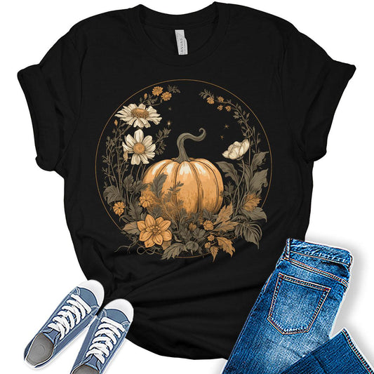 Pumpkin Shirts Womens Graphic Tees Fall Floral Cottagecore T Shirts Girls Thanksgiving Tops