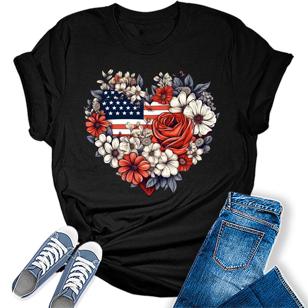Womens 4th of July Shirts Patriotic American Flag Floral Heart Tshirts Bella Sunflower Short Sleeve Summer Graphic Tees