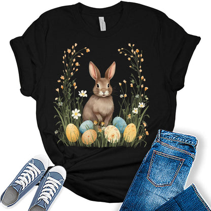 Easter Bunny Egg Shirts for Women Short Sleeve Plus Size Tops