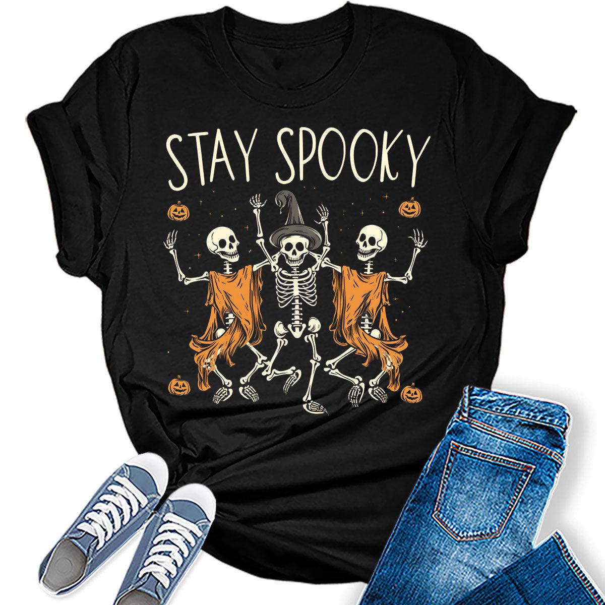 Womens Halloween Stay Spooky Skeletons Dancing T Shirt