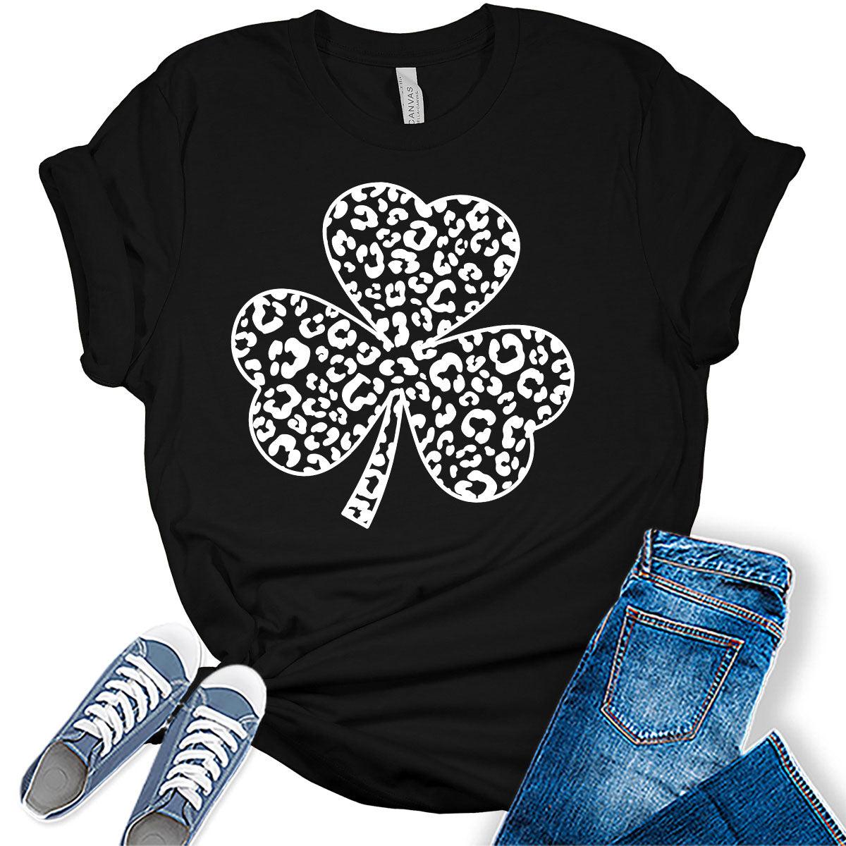 Leopard Print Shamrock T Shirt St Patricks Day Shirt Womens Clover Graphic Tees