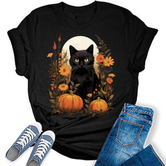 Womens Fall Floral Black Cat Pumpkin Graphic Tee