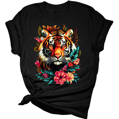 Womens Groovy Floral Tiger Shirts Cute T-Shirt Short Sleeve Tops Summer Crewneck Graphic Tee