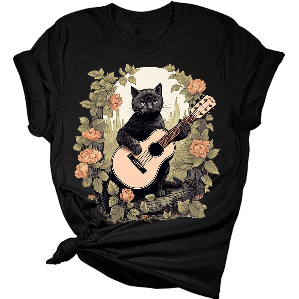 Cat Playing Guitar Shirt Womens Cottagecore Floral Aesthetic T-Shirt