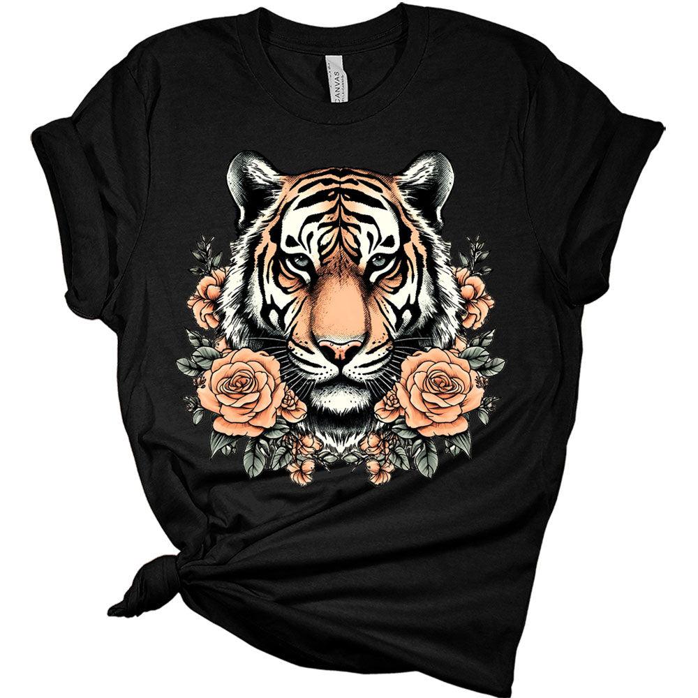 Womens Retro Tiger Shirts Cute Bella Graphic Tees Short Sleeve Floral Summer Tops Casual Crewneck Tshirts