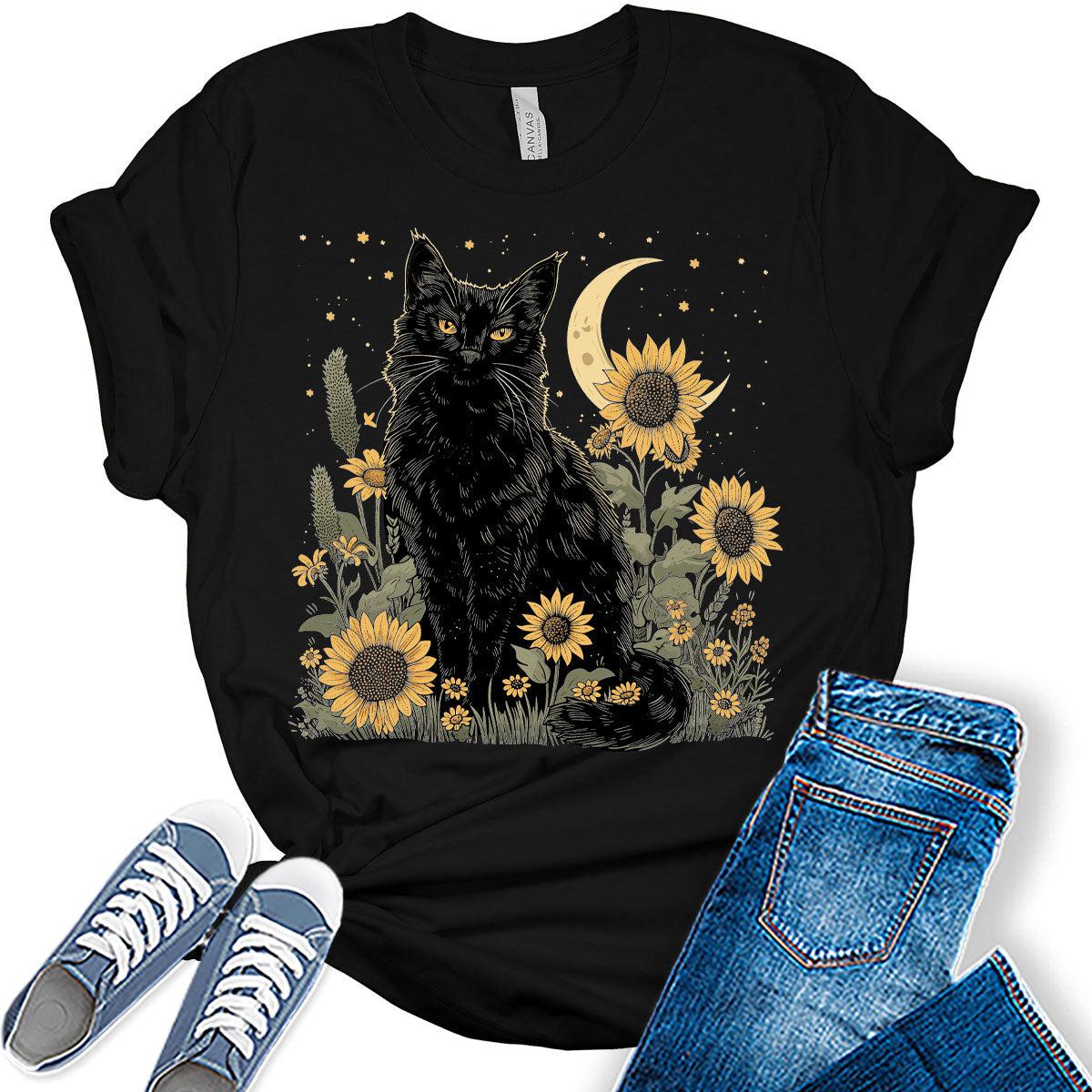 Womens Cottagecore Black Cat Sunflower Moon Graphic T-Shirt