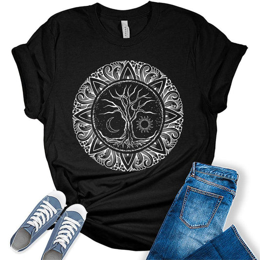 Womens Mandala Vintage Tree of Life Shirt Casual Bella Graphic Tees Short Sleeve Plus Size Vacation Classic-Fit Summer Tops