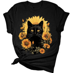 Womens Sunflower Cat Fall T-Shirt