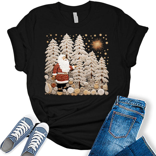 Santa Shirt Boho Christmas Tshirts for Women Vintage Graphic Print Tees