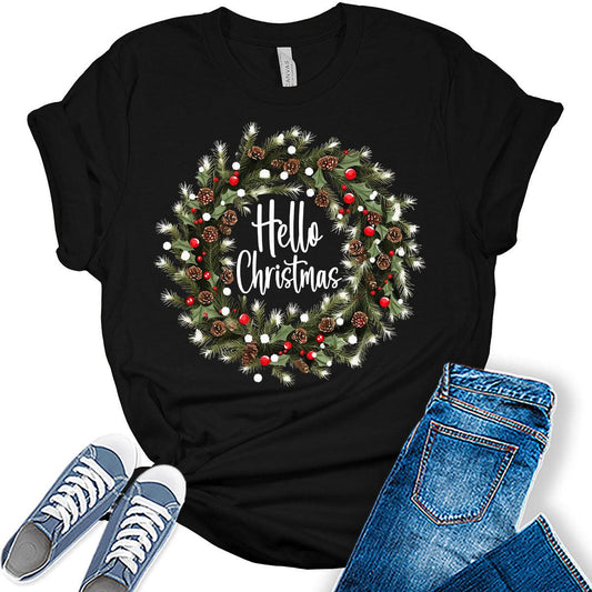 Hello Christmas Wreath Shirt Cute Holiday Plus Size Graphic Tees for Women