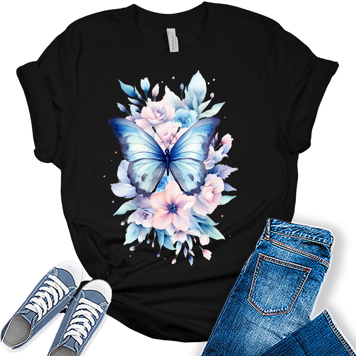 Womens Butterfly Summer Shirts For Teens Trendy Floral Vintage Short Sleeve Tops