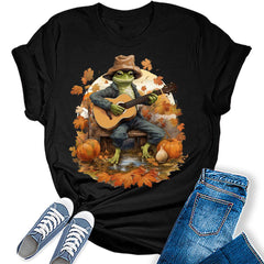 Womens Fall Tops Frog Guitar Tshirt Cottagecore Pumpkin Graphic Tee Autumn Shirts
