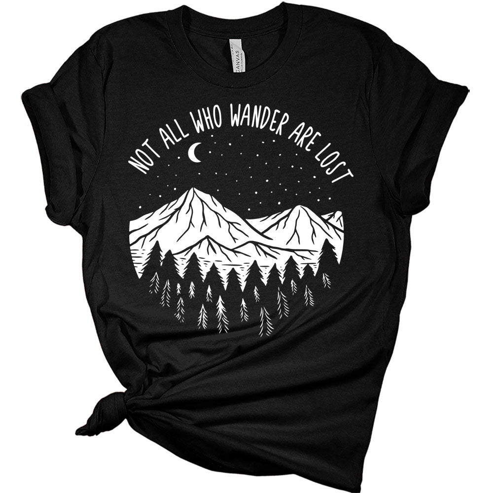 Womens Not All Who Wander Are Lost Shirt Camping Nature Hiking Mountain Tops Short Sleeve Graphic Tees