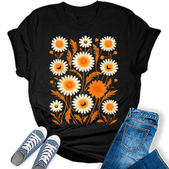 Fall Vintage Flowers Tshirt Women Boho Distressed Wildflowers Girls Graphic Tee Casual Nature Shirts Tops